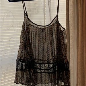 BCBG Spaghetti strap flowing printed top/lace.